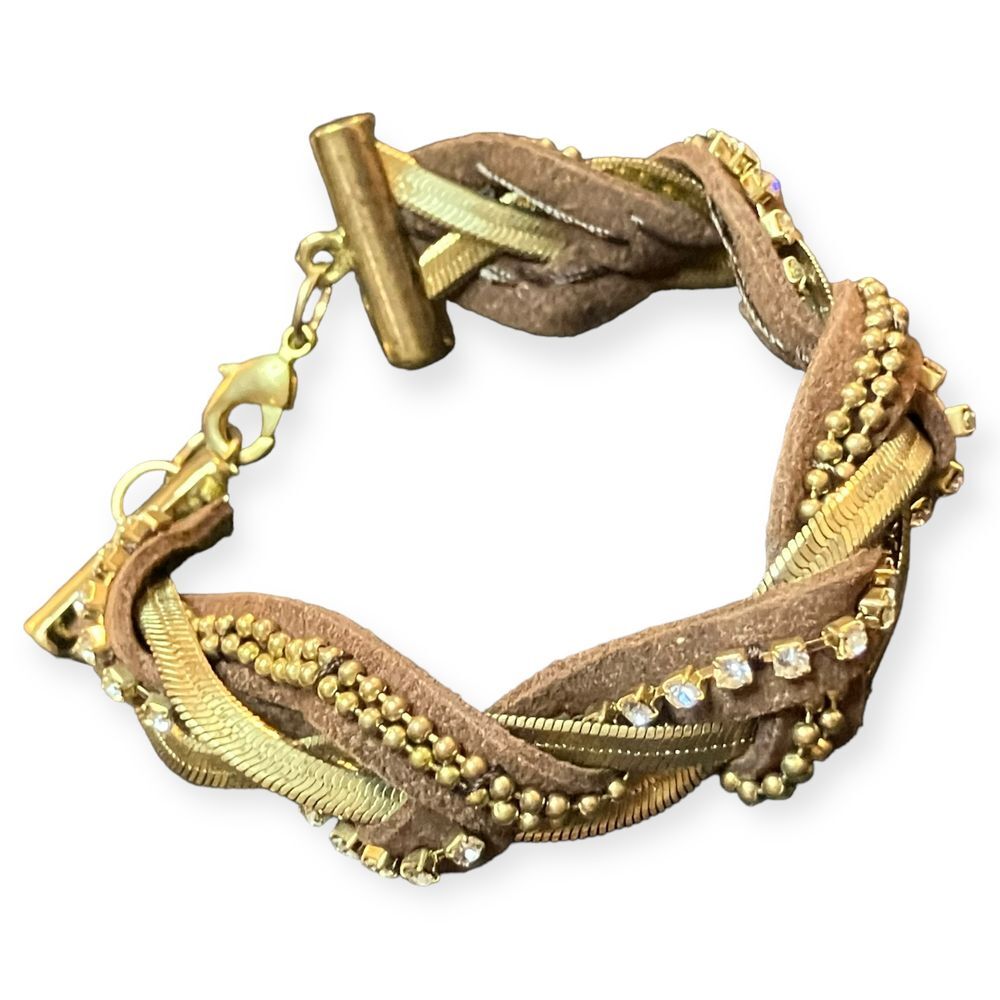 Vintage Twisted Leather Bracelet Gold tone Chain and Rhinestone Crystal Details